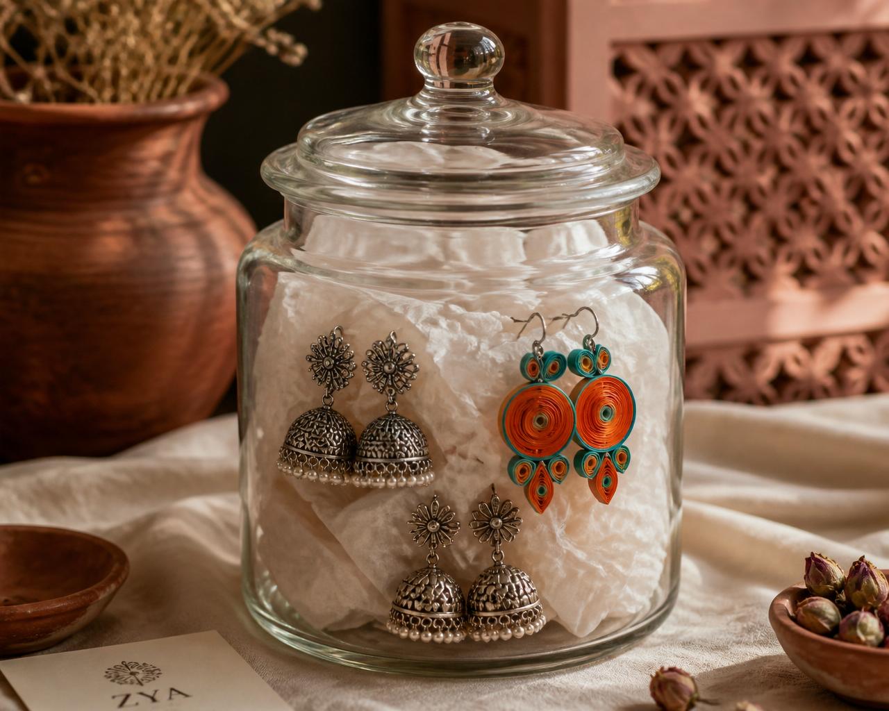 A glass mystery jar filled with handmade Chhondo earrings